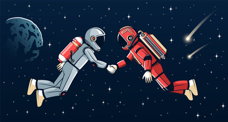 Two astronauts shaking hands in space, symbolizing unity and cooperation.のイラスト素材