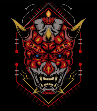 kabuki illustration. red devil face illustration. vector head of red demon. japanese demon maskのイラスト素材