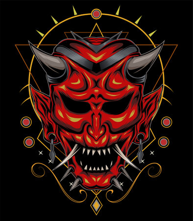 kabuki illustration. red devil face illustration. vector head of red demon. japanese demon maskのイラスト素材