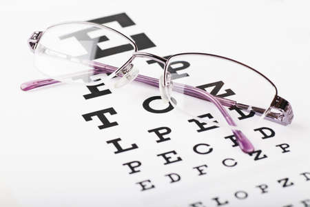 Closeup view of eyeglasses on a eye chartの写真素材