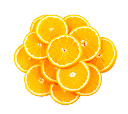 Fresh juicy orange slices isolated over white backgroundの写真素材