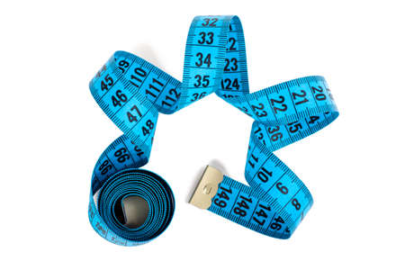 Closeup view of blue measuring tape isolated over white background
