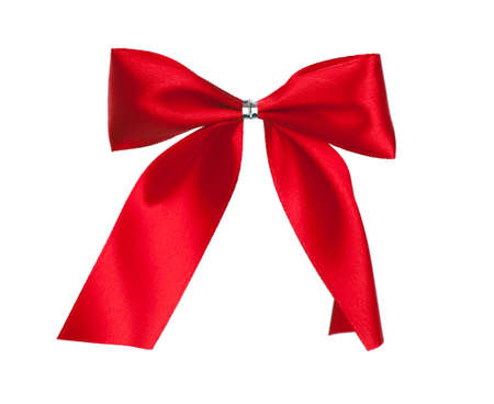 Closeup view of single red ribbon bow isolated over white backgroundの写真素材