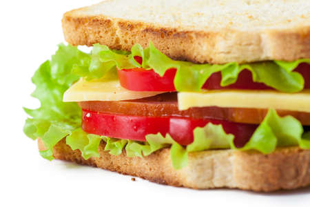 Single sandwich with fresh cheese, salad and meat isolated over white backgroundの写真素材