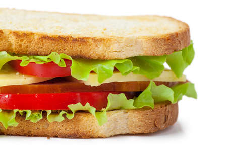 Single sandwich with fresh cheese, salad and meat isolated over white backgroundの写真素材