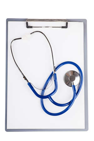Blank sheet and stethoscope over white backgroundの写真素材