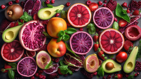 Variety of fresh fruits and vegetables including lemons, oranges, grapefruits, pomegranates, pomegranates, grapefruits, pomegranate seeds, black background, top viewの素材