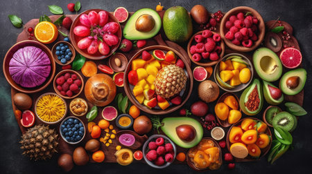 Healthy eating concept with various fruits and vegetables on dark background.の素材