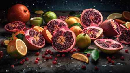 Variety of citrus fruit on dark background. Pomegranateの素材