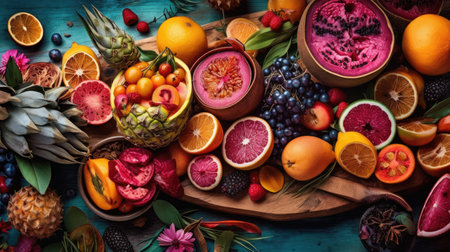 Assortment of exotic fruits on rustic wooden background, top viewの素材