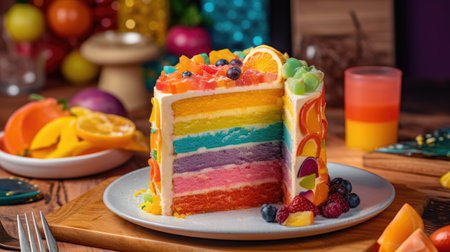 Rainbow cake decorated with fruits on a wooden background. Selective focus.の素材
