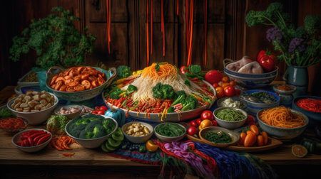 Korean traditional food, kimchi with vegetables on wooden backgroundの素材