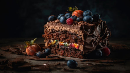 Chocolate cake with berries on a dark background. Toned.の素材