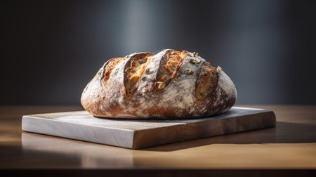 Freshly baked bread on a wooden board on a dark background.の素材