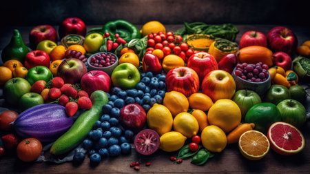 Healthy food background. Fruits and vegetables on old wooden table.の素材