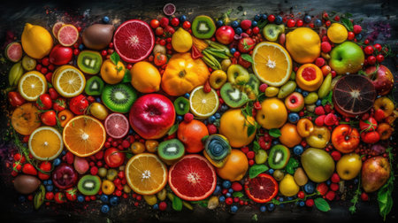 Variety of fresh fruits and vegetables as a background. Top view.の素材