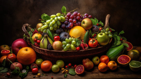 Fruits and vegetables in a basket on a wooden table. Dark background.の素材