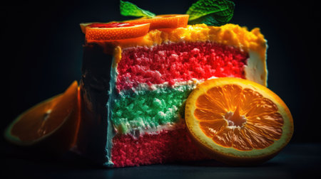 Rainbow cake with orange slices and mint on a black background.の素材