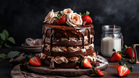 Chocolate cake with cream and strawberries on a dark background. Copy space.の素材