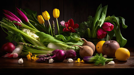 Still life with tulips, asparagus, leek, garlic and other vegetablesの素材