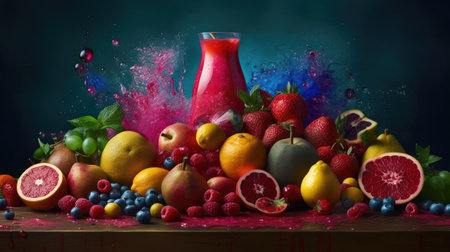 Fruits and berries with splashes of juice on a dark backgroundの素材