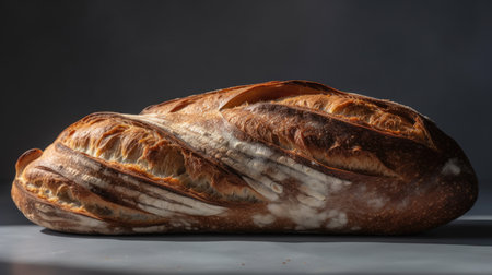 Freshly baked loaf of bread on a black background. Close-up.の素材