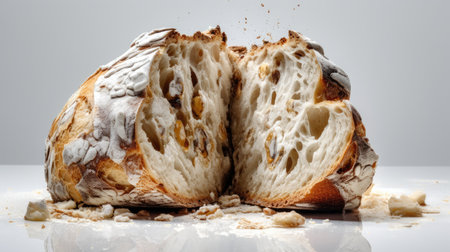Two pieces of ciabatta with raisins on a white backgroundの素材