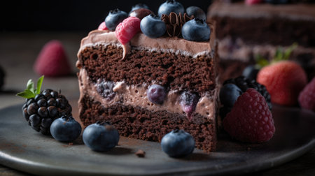 Chocolate cake with berries on a wooden background. Selective focus.の素材