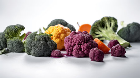 Variety of fresh broccoli, cauliflower and carrots on white backgroundの素材