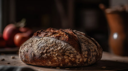 Freshly baked bread with oat flakes on a wooden table.の素材