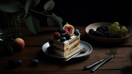 Piece of cake with berries on a wooden table. Black background.の素材