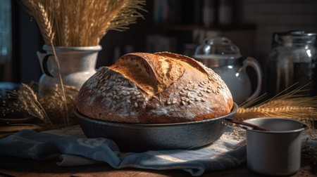 Freshly baked bread in a frying pan on a wooden table.の素材