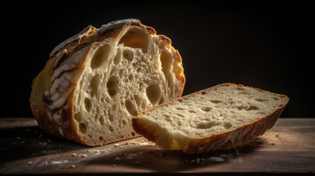loaf of white bread on a wooden board on a black backgroundの素材