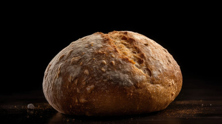 Freshly baked loaf of bread on wooden table. Black background.の素材