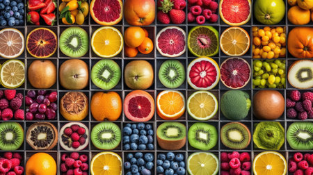 Variety of fresh fruits and berries as a background, top viewの素材