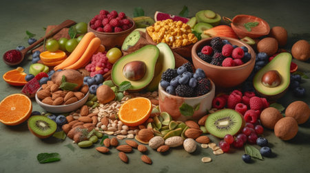 Healthy food background. Fruits, berries, nuts and cerealsの素材