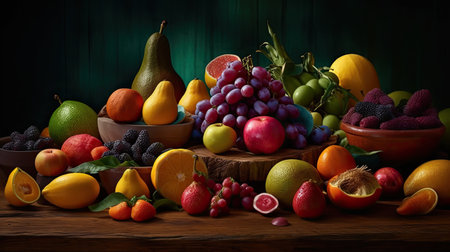Fruits were placed on a wooden board with a dark green background.の素材