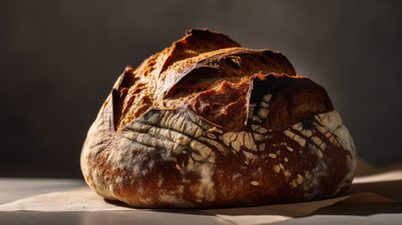 Freshly baked sourdough bread on a wooden table. Dark background.の素材