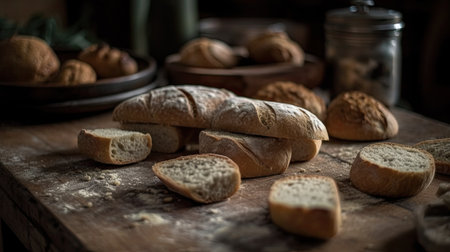 Freshly baked baguettes on rustic wooden table, selective focusの素材
