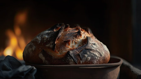 Homemade bread in a clay bowl against the background of a burning fireplaceの素材