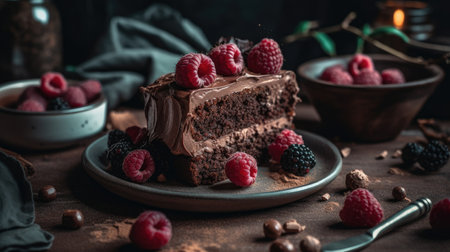Chocolate cake with raspberries and blackberries on a dark backgroundの素材