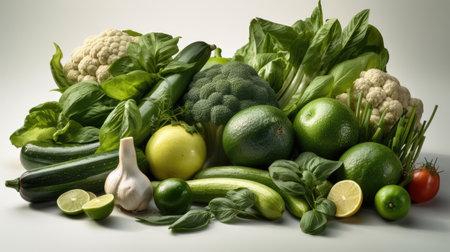 Composition with variety of fresh vegetables on white background. Balanced dietの素材