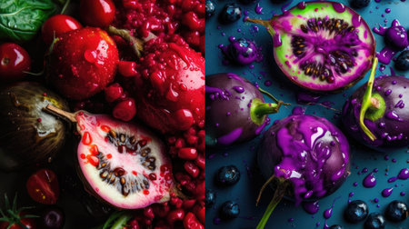collage of different fruits and berries on blue background, top viewの素材