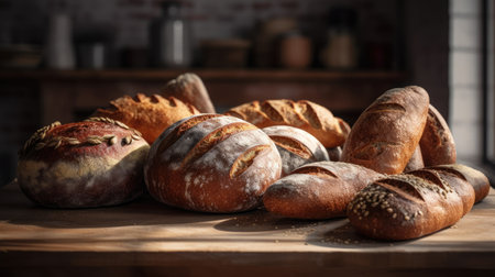 Variety of baked bread on wooden table in bakery. Selective focusの素材