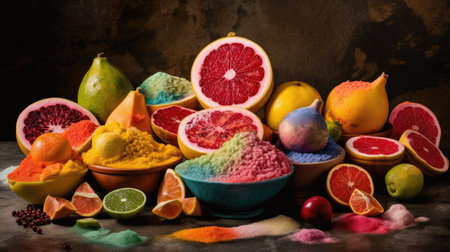Variety of colorful holi powder with fruits on rustic backgroundの素材