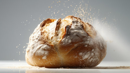 Freshly baked bread on a light background with flour, close-upの素材