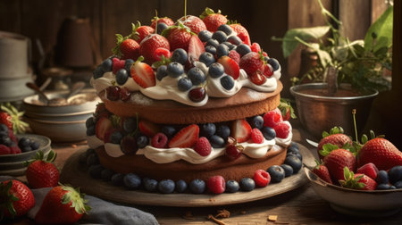 Chocolate cake with fresh berries and whipped cream. Rustic style.の素材