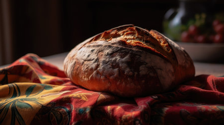 Freshly baked homemade bread on the table. Selective focus.の素材