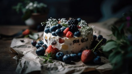 Homemade cake with fresh berries on rustic wooden background, selective focusの素材