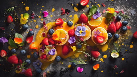 Cake with fruits and berries on a black background. Top viewの素材